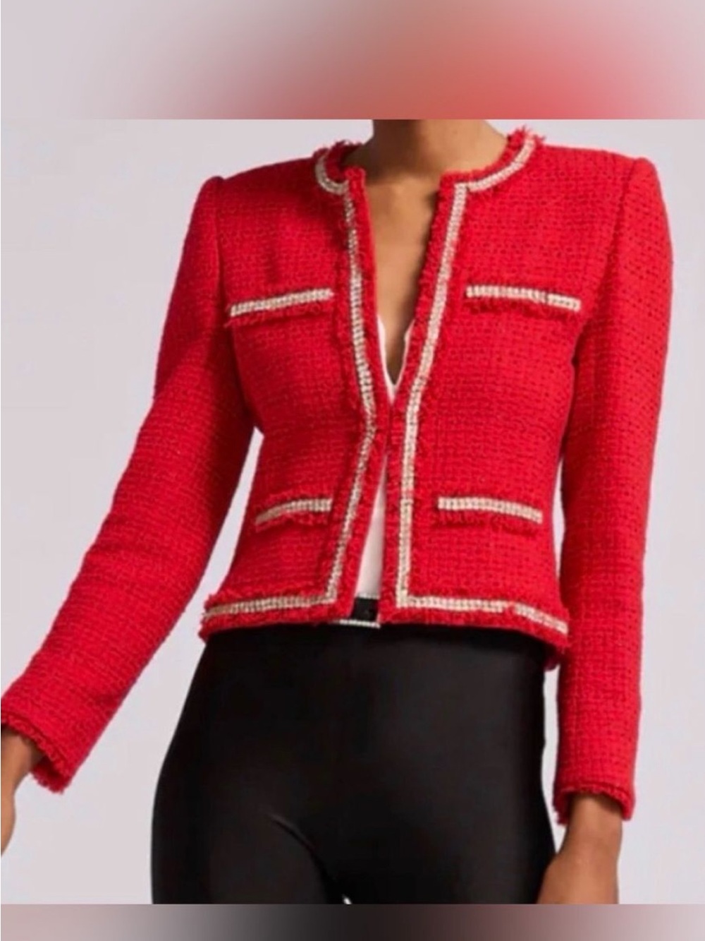 Generation Love Red Tweed Open-Front Blazer with Contrast Trim